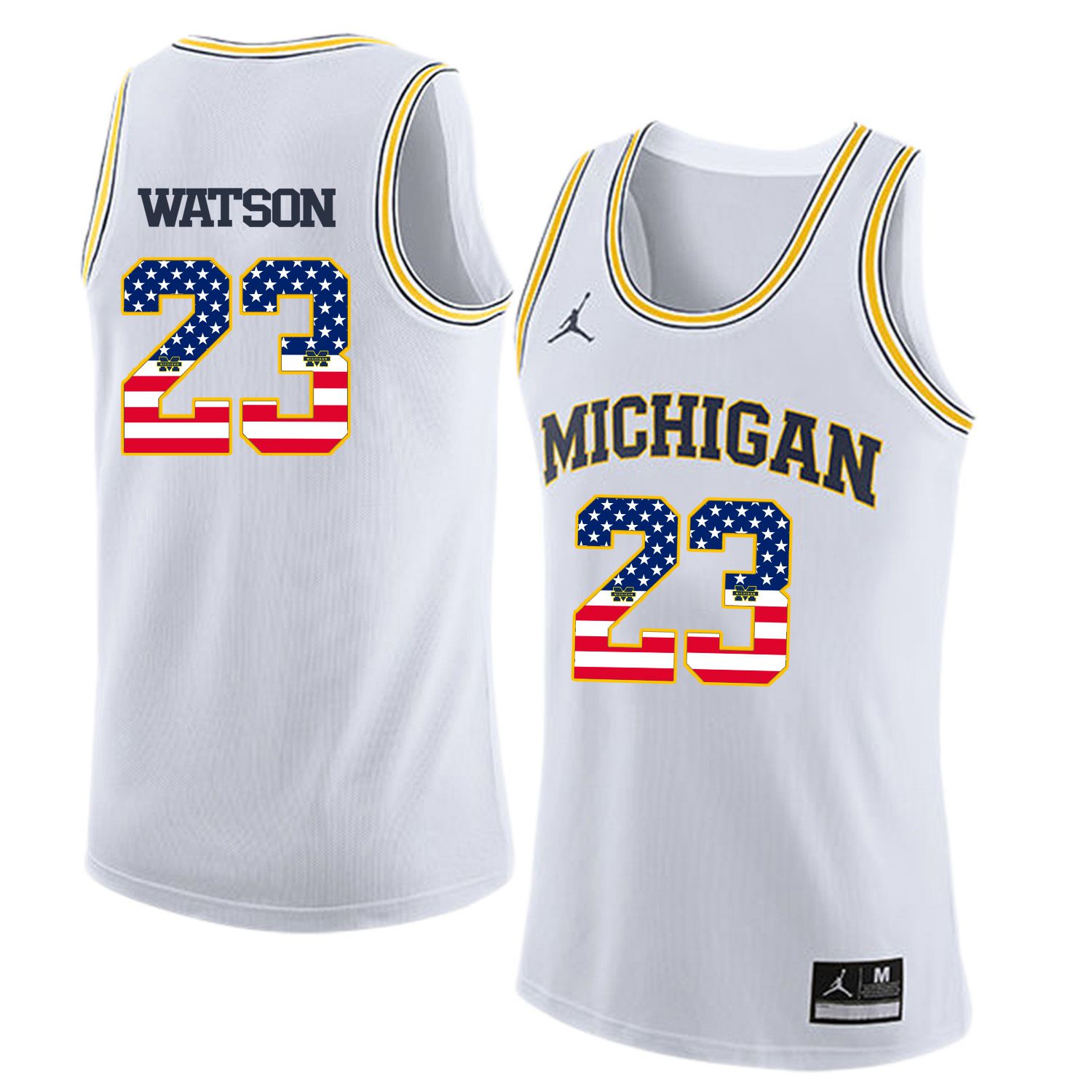Men Jordan University of Michigan Basketball White #23 Watson Flag Customized NCAA Jerseys->customized ncaa jersey->Custom Jersey